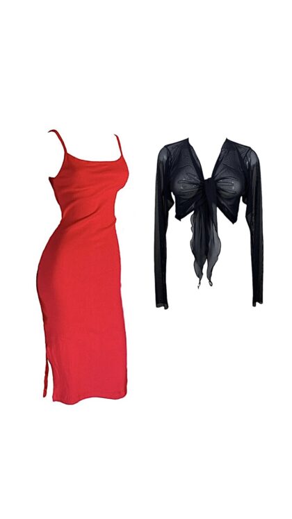 Conjunto Vestido Canelado Vermelho e Blusa Babe Preto