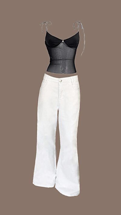 Conjunto Calça Jeans Wide Leg Branco e Blusa Predilet Preto