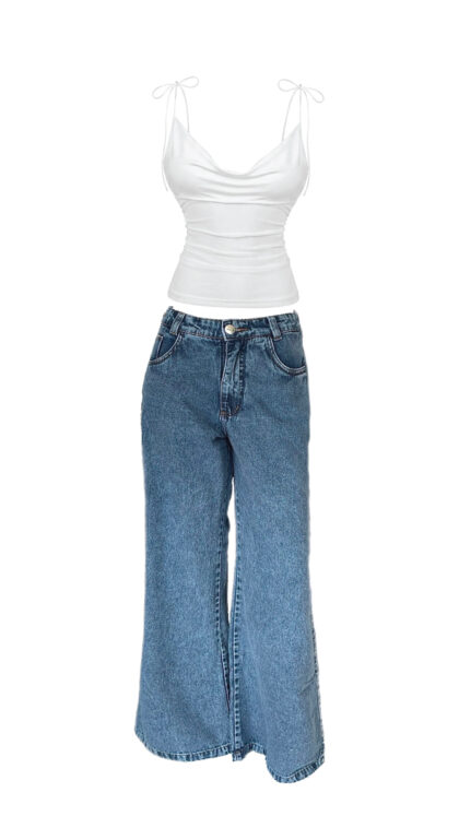 Blusa Tule Branca e Calça Jeans Wide Leg Azul