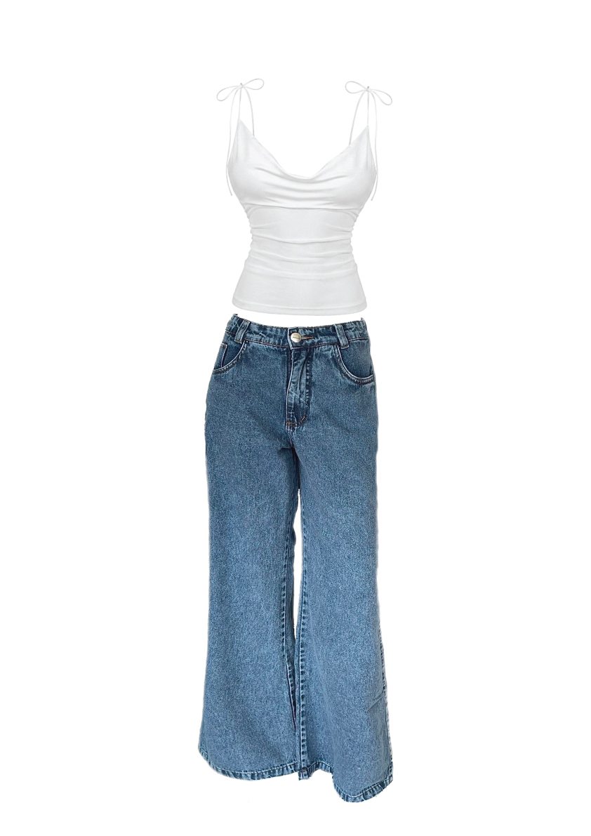 Blusa Tule Branca e Calça Jeans Wide Leg Azul
