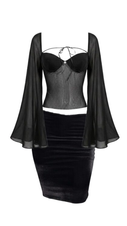 Conjunto Blusa Romance e Saia Velours Preto